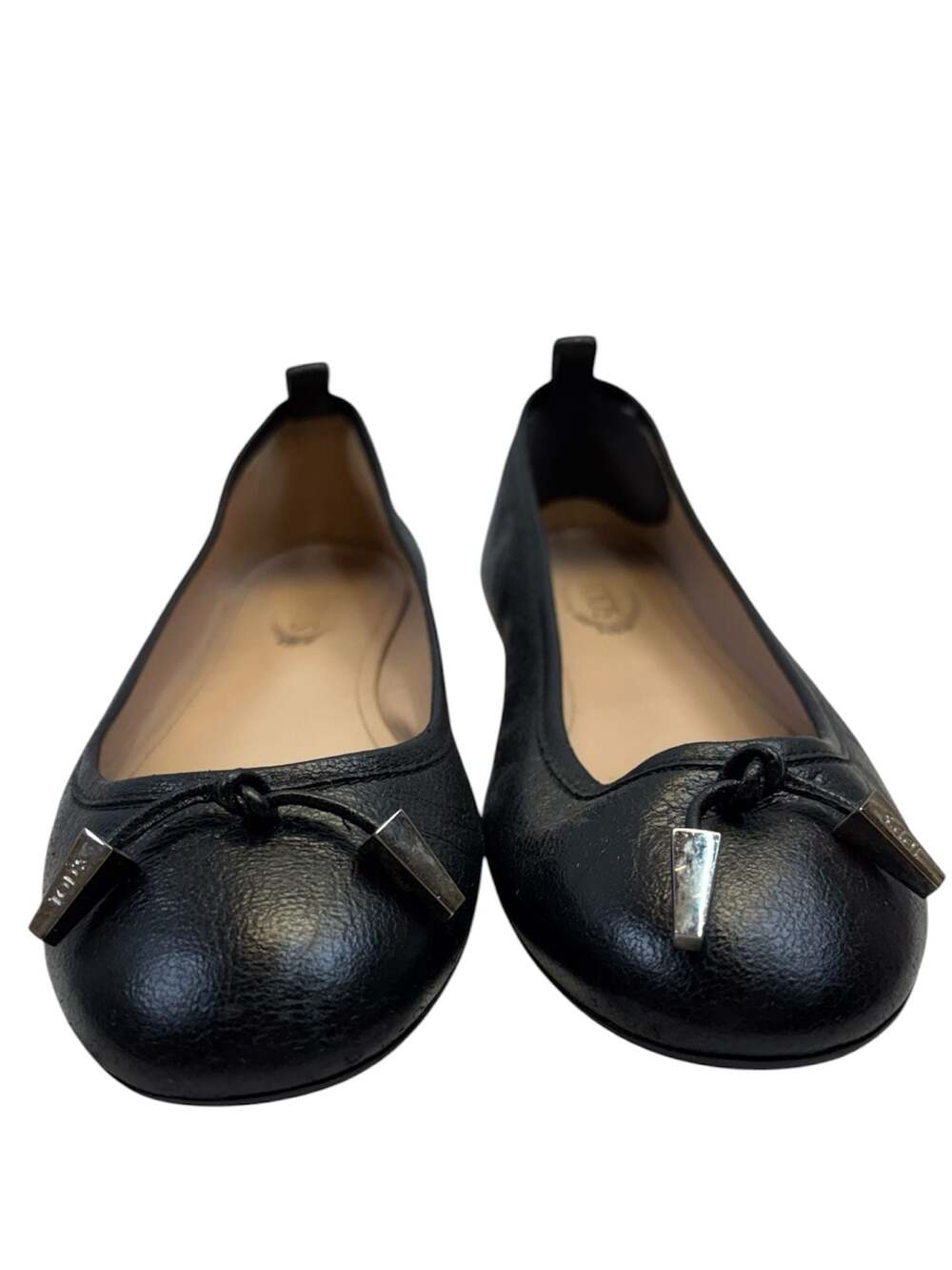 Tod's Black Pebbled Leather Bow Ballet Flats with Gommini Studded Heel